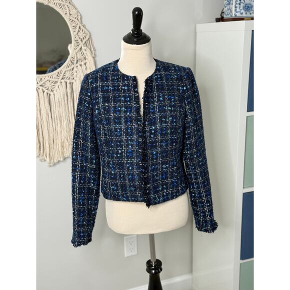 Calvin Klein Women's Careerwear Frayed Blue Tweed Open Jacket Blazer 10P - Picture 2 of 8
